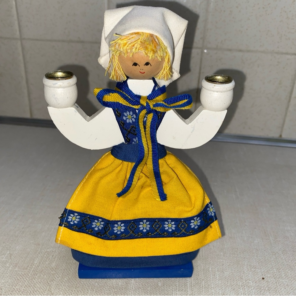 Butticki Vintage Lucia Swedish girl candlestick‎ holder wooden Sweden